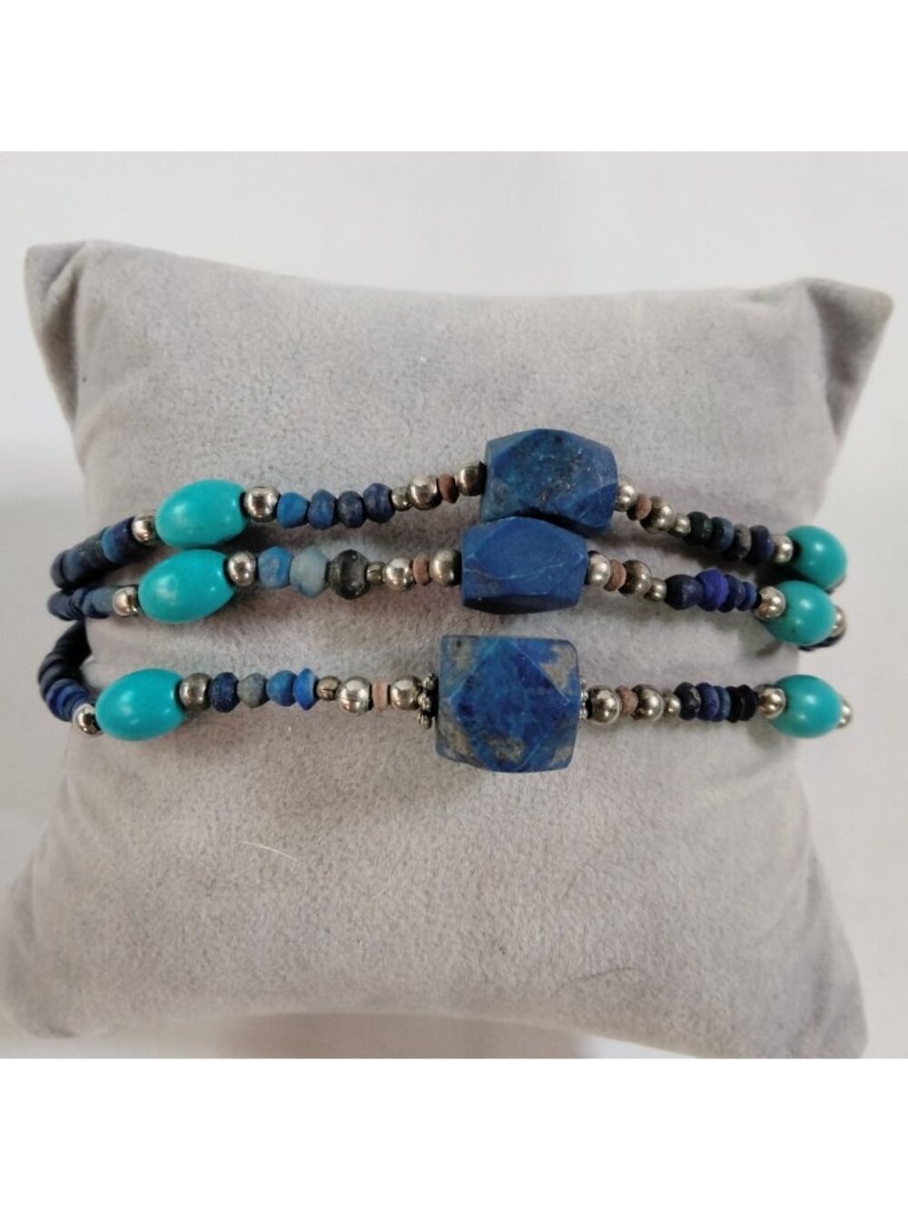 Lapis Turquoise Bracelet Artisan Multistring Silver Accents 8 inch